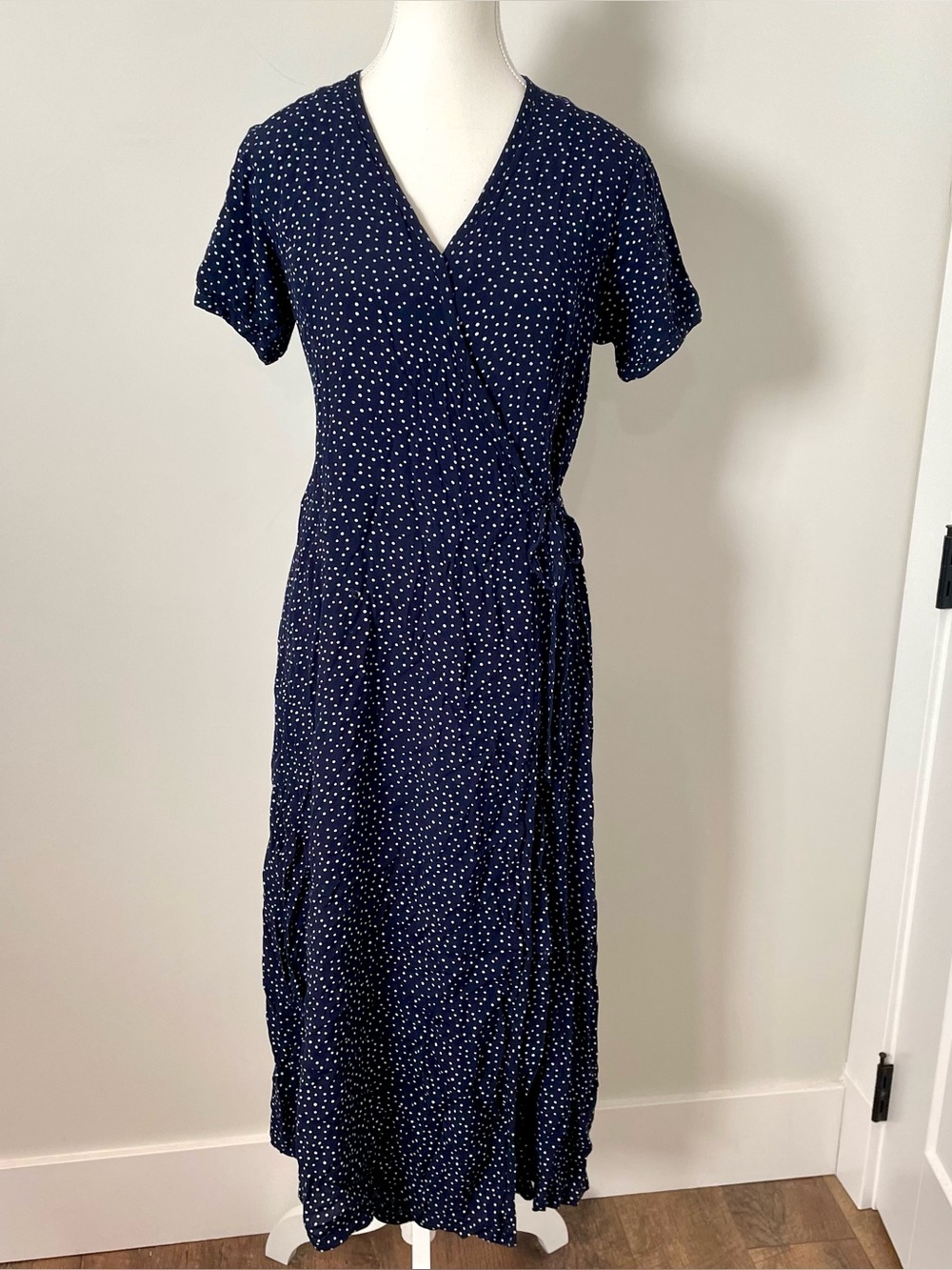 Vintage Polka Dot Short Sleeve Wrap Dress Navy Blue/White Size 6 Teacher Office